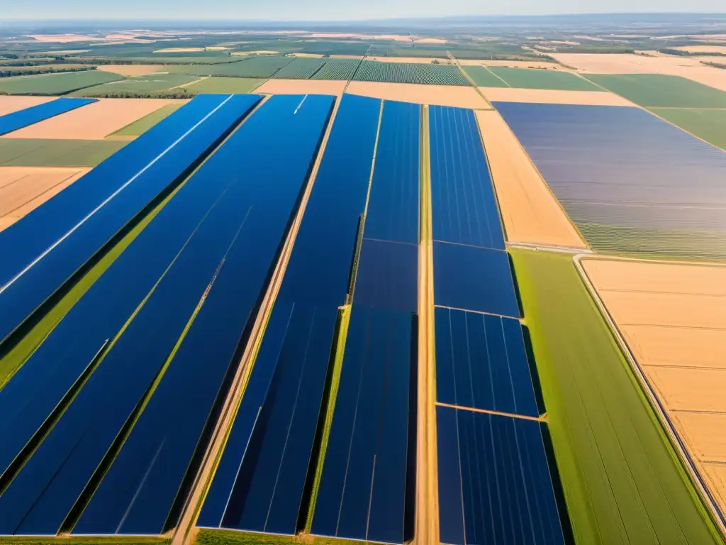 Acuerdo internacional de energía: vista panorámica de una granja solar con paneles relucientes bajo cielo azul, junto a modernos aerogeneradores