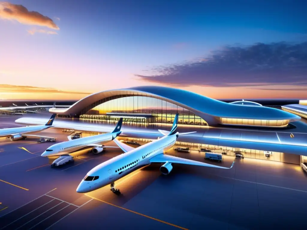 Un aeropuerto futurista con diseño aerodinámico, bañado por la cálida luz del atardecer