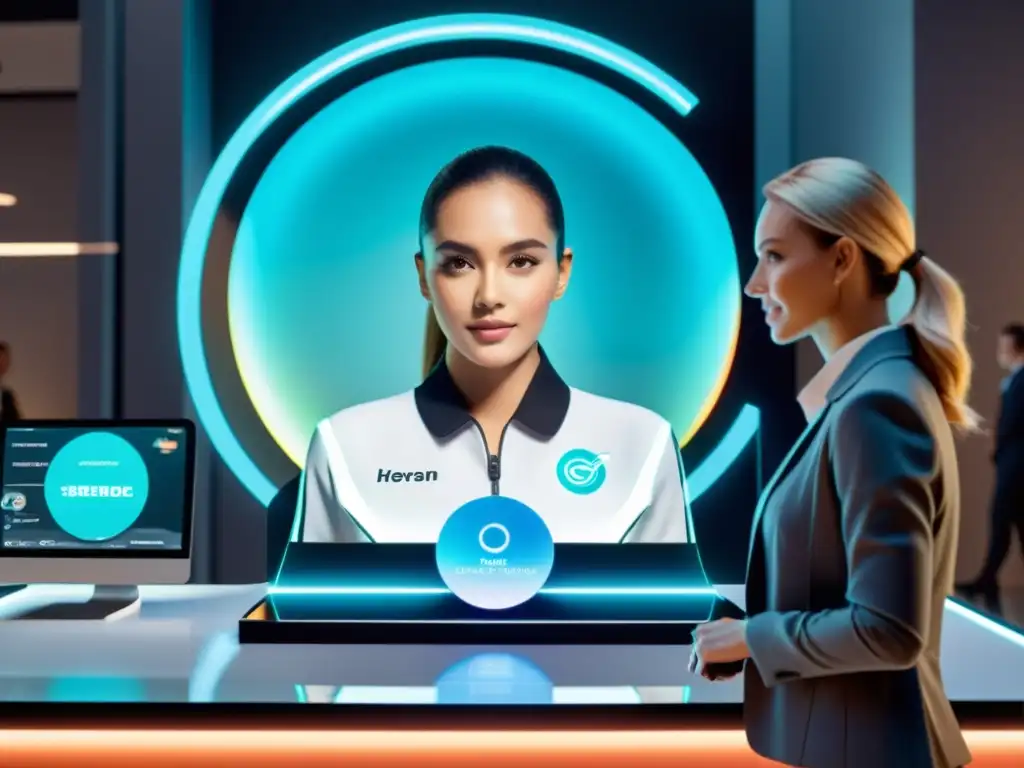 En una agencia de marketing futurista, la personalización extrema con IA se ve en un holograma publicitario