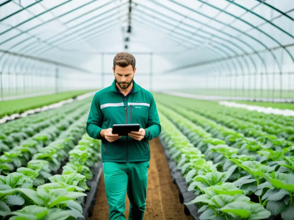 Un agricultor en un invernadero moderno y tecnológico, utilizando dispositivos de IoT para monitorear y controlar las condiciones de los cultivos