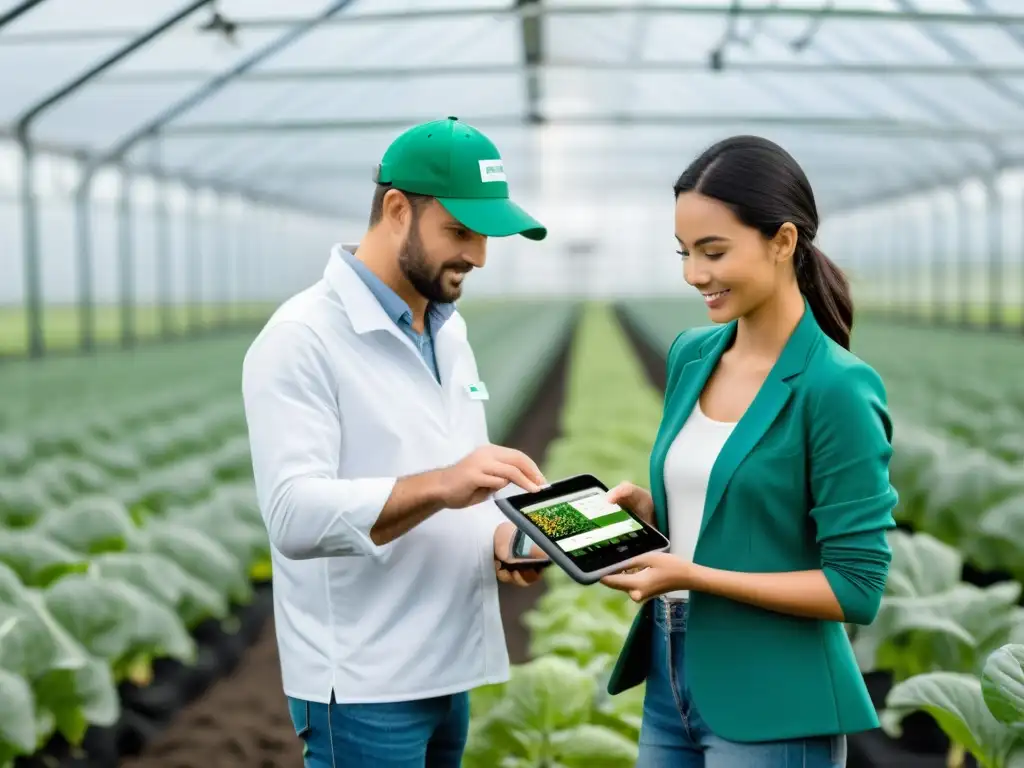 Un agricultor controla con tecnología IoT la calidad de productos agrícolas en un invernadero futurista y moderno