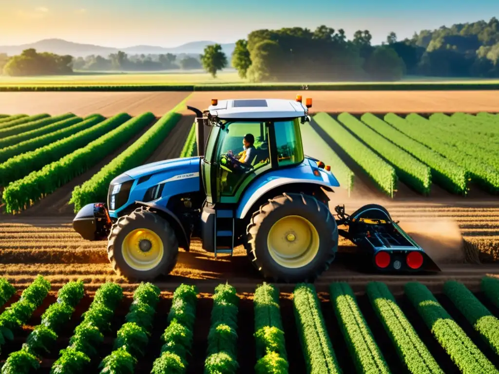 Agricultura autónoma desafía tradiciones: tractor futurista en campo soleado, integrando tecnología y prácticas agrícolas