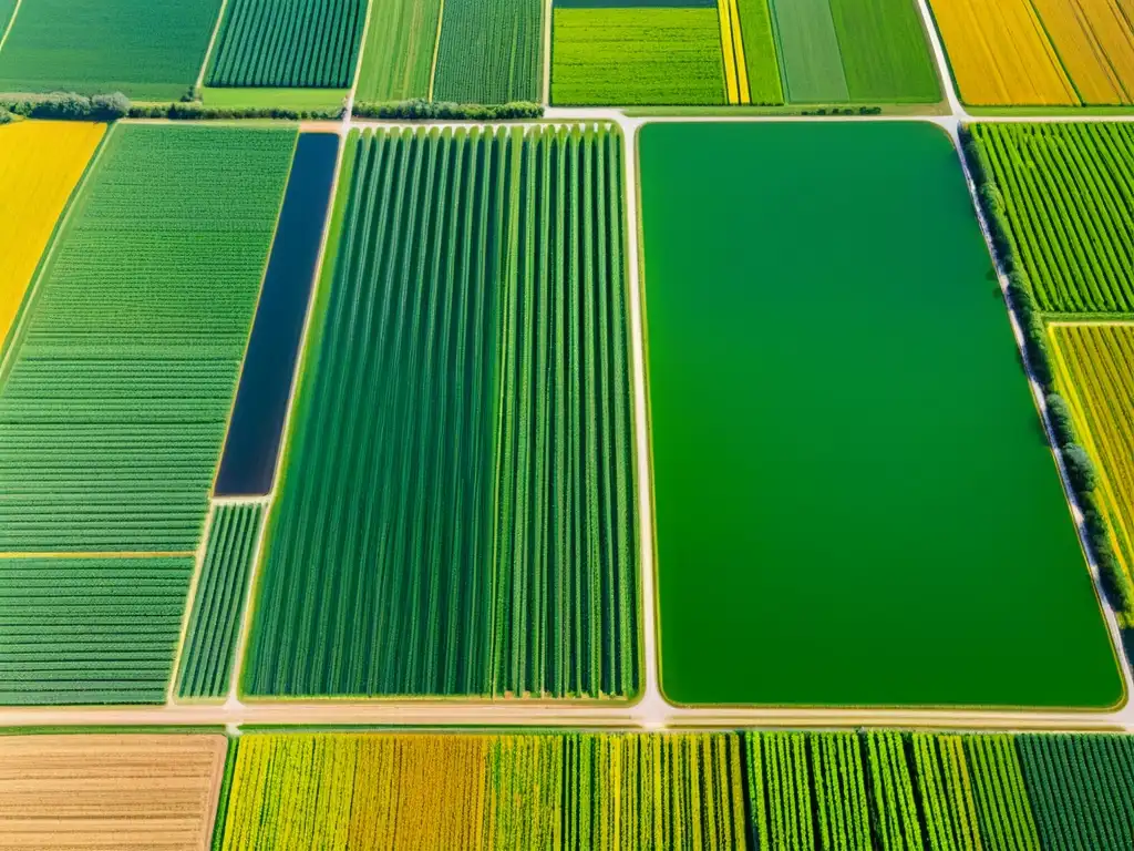 Agricultura de precisión con IoT: Una granja moderna muestra tecnología y cultivos en filas ordenadas, en tonos verdes y dorados