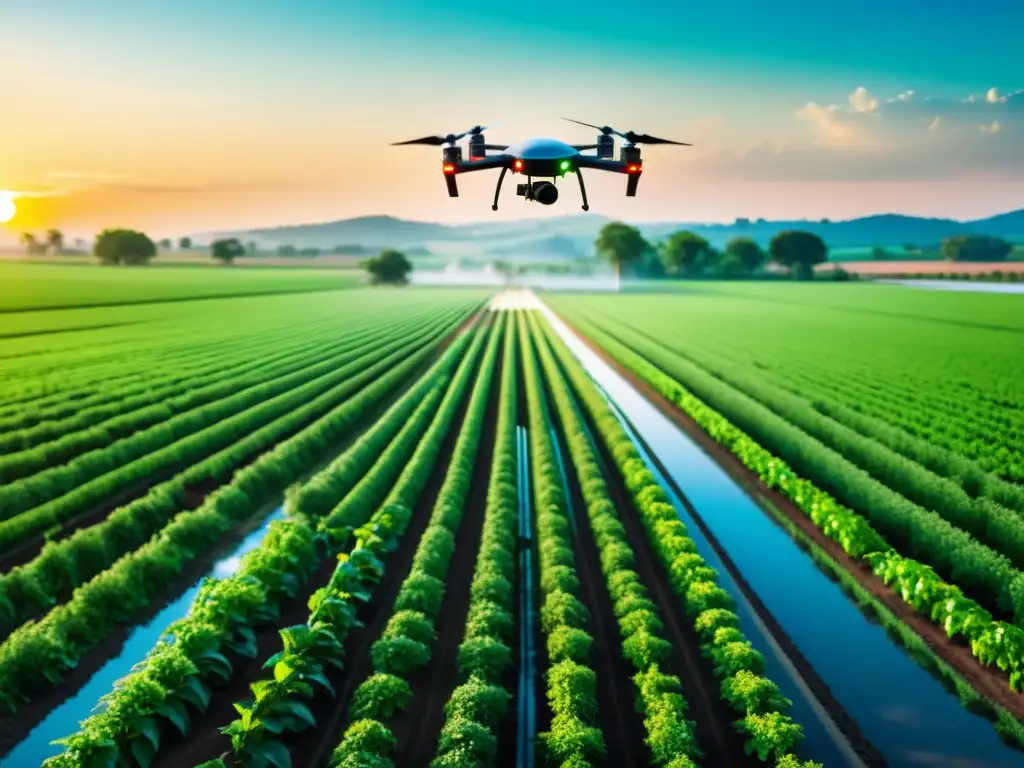 Implementar IoT en la Agricultura Rural: Una granja rural con tecnología IoT avanzada, resalta el contraste entre lo tradicional y la modernidad