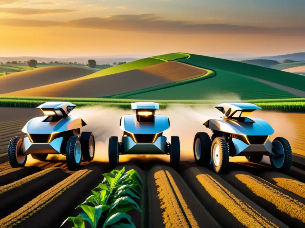 Agricultura sostenible con robots: Futuristas robots agrícolas trabajan en armonía en un campo exuberante, bajo el cálido sol del atardecer