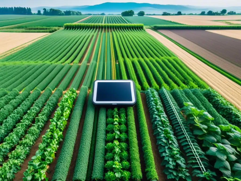 Agricultura tradicional con IoT integrado para optimizar el crecimiento de cultivos: sensores de alta tecnología en un campo verde exuberante