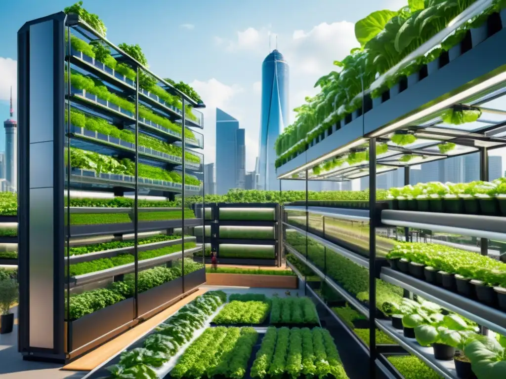 Agricultura vertical urbana con IoT: Granja futurista en la ciudad, llena de vegetación exuberante y tecnología avanzada para el cultivo