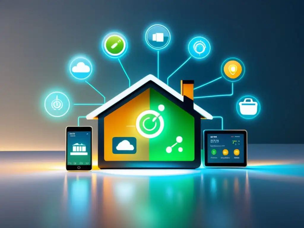 Smart home con ahorro energía domótica IoT: iluminación automatizada, control termostato y electrodomésticos inteligentes para eficiencia