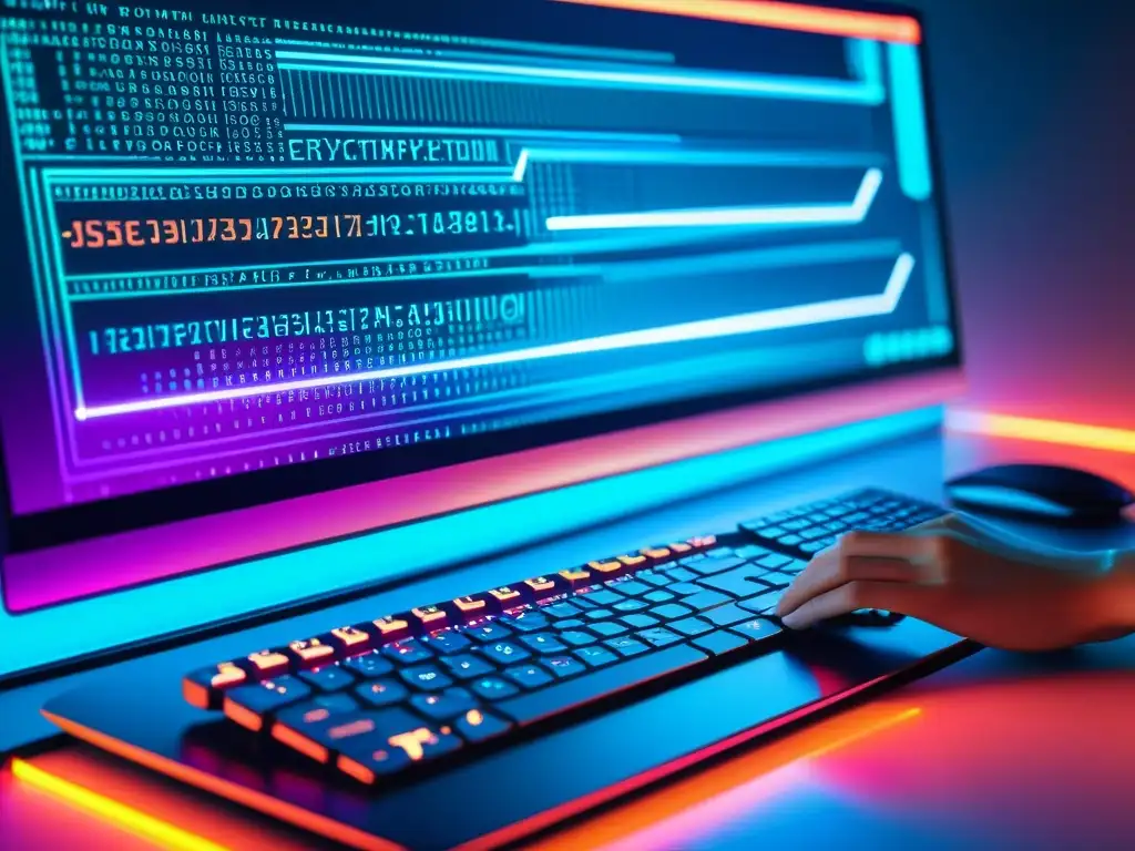 Un algoritmo de cifrado de datos de alta tecnología se ejecuta en una pantalla de computadora, rodeada de herramientas modernas