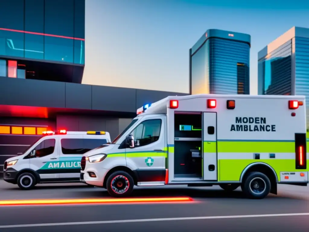 Una ambulancia moderna equipada con dispositivos de IoT frente a una estación de bomberos futurista