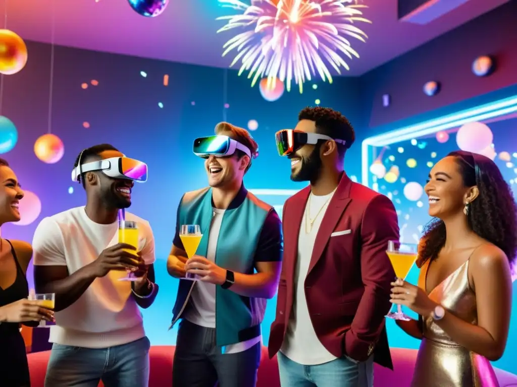 Amigos disfrutan de una fiesta virtual en realidad aumentada, rodeados de coloridos hologramas, fuegos artificiales y confeti