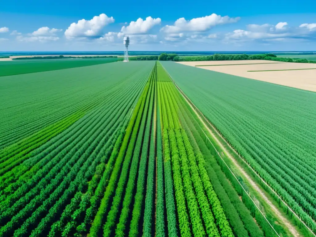 Campo agrícola moderno: belleza natural y tecnología avanzada Amplio campo agrícola verde con estación meteorológica moderna, capturando datos para prevención desastres naturales agricultura IoT
