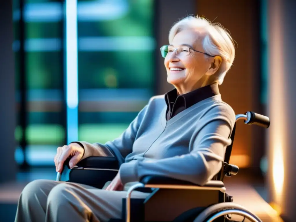 'Un anciano sonriente en silla de ruedas avanzada rodeado de tecnología y calidez, resalta la innovación y la compasión