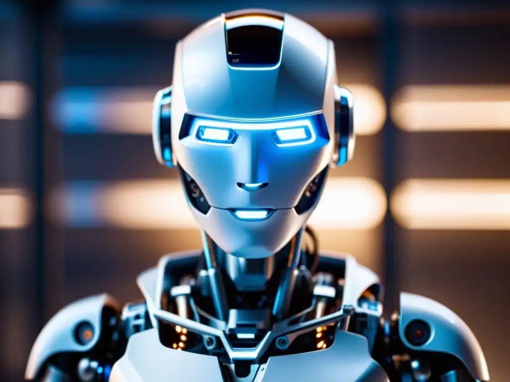 Robot humanoide en un laboratorio futurista Un androide futurista de ojos azules brillantes en un laboratorio tecnológico, con circuitos y componentes visibles