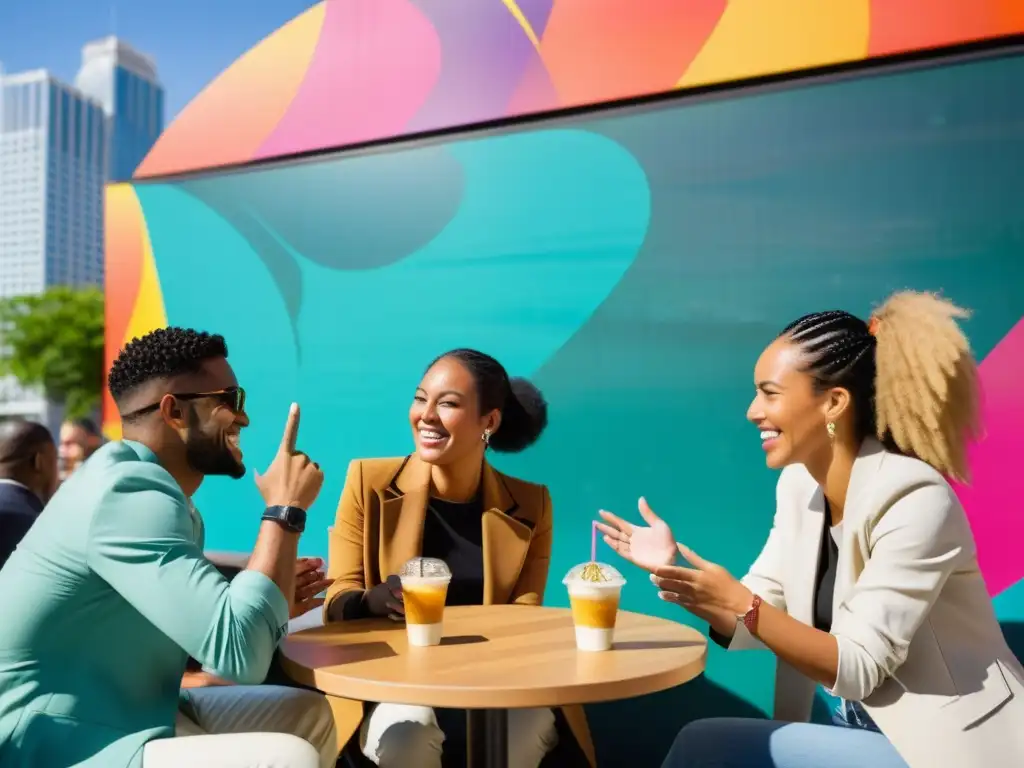 Una animada y diversa discusión en un café al aire libre, con rascacielos modernos y arte callejero colorido de fondo