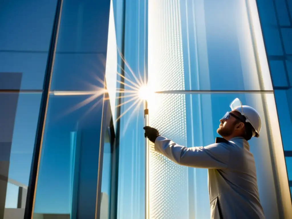 Aplicación de nanoaislantes para conservación energía en construcción en fachada futurista, reflejando la innovación sostenible