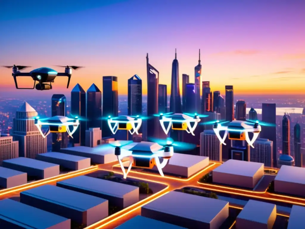 Aplicaciones de drones con 5G: Drones avanzados surcan el cielo futurista de la ciudad al atardecer, entre rascacielos iluminados por neones