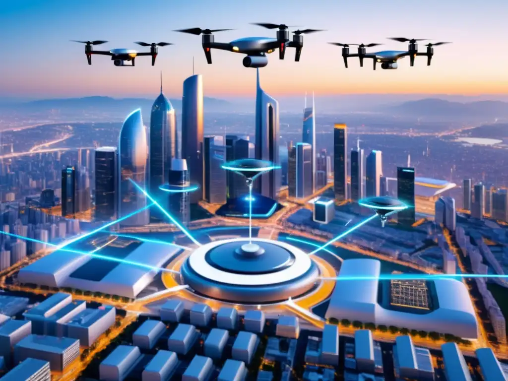 Aplicaciones de drones con 5G: Flota de drones modernos sobre una ciudad futurista, integrando innovación y eficiencia en la logística urbana