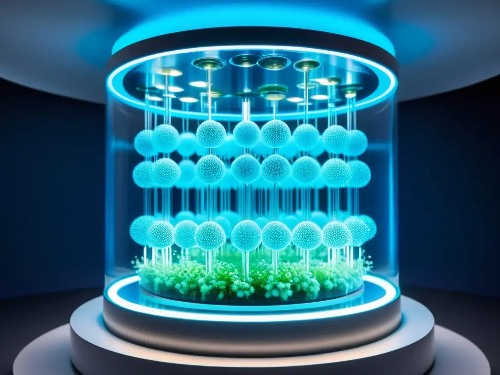 Aplicaciones de la ingeniería metabólica: Bioreactor futurista iluminado por microorganismos genéticamente modificados, en un cautivador close-up 8k