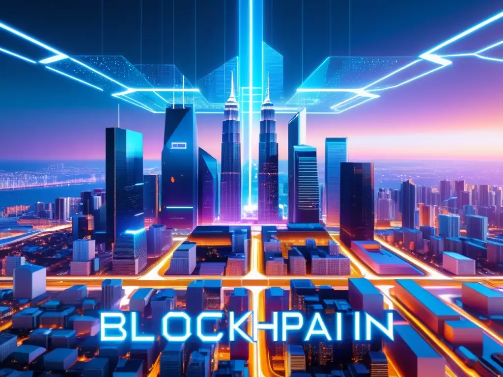 Aplicaciones innovadoras de criptografía blockchain en una ciudad futurista con edificios transparentes y patrones criptográficos brillantes