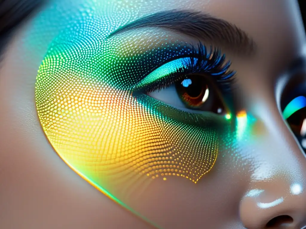 Aplicaciones de nanotecnología en cosmética: imagen de una crema con nanopartículas aplicada suavemente en la piel, mostrando su patrón nanoestructurado iridiscente y su interacción con la luz