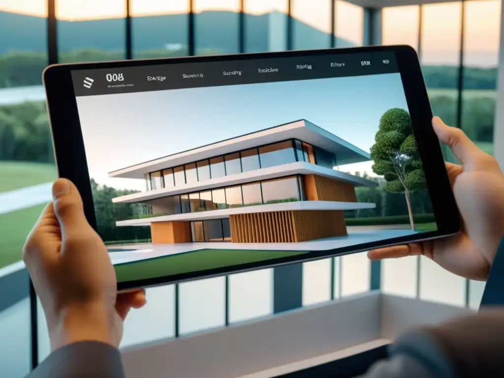 Aplicaciones de realidad aumentada en arquitectura: visualización 3D de edificio vanguardista con integración AR futurista y paisaje urbano digital