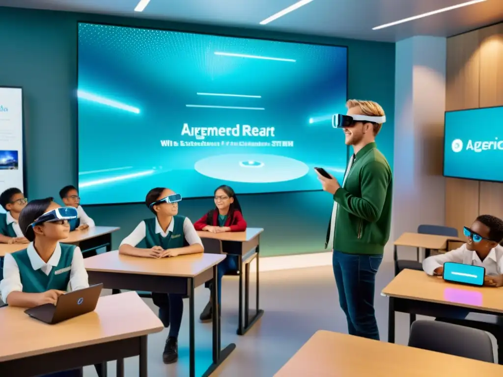 'Aplicaciones de la realidad aumentada en STEM: Estudiantes entusiasmados interactúan en un aula futurista con gafas de AR