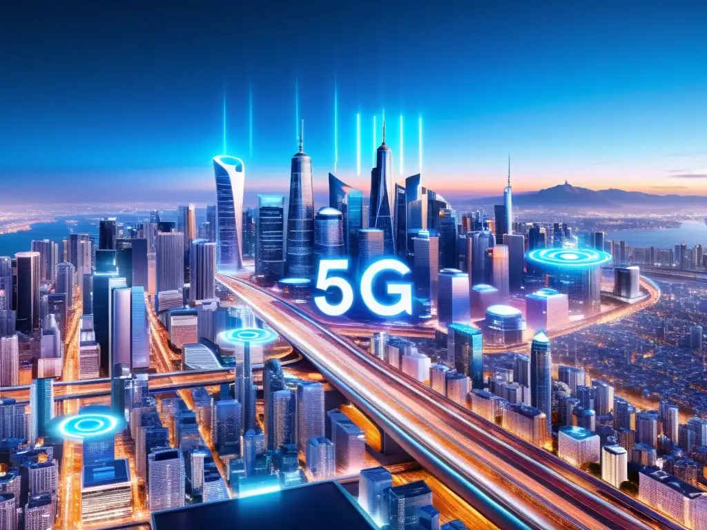 Aplicaciones sorprendentes del 5G: Ciudad futurista iluminada por torres integradas, autos autónomos y drones de entrega