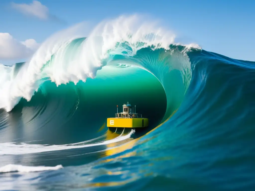 Aprovechamiento energía olas mar: Imagen detallada de un convertidor de energía de olas en el océano, capturando su inmenso poder y belleza natural