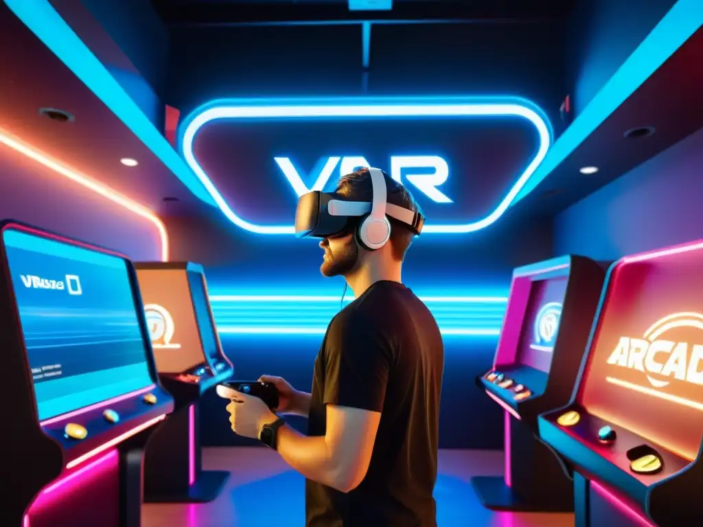 Un arcade de realidad virtual bullicioso con diseño futurista y luces de neón, mostrando el impacto de las tecnologías emergentes AR/VR en el entretenimiento