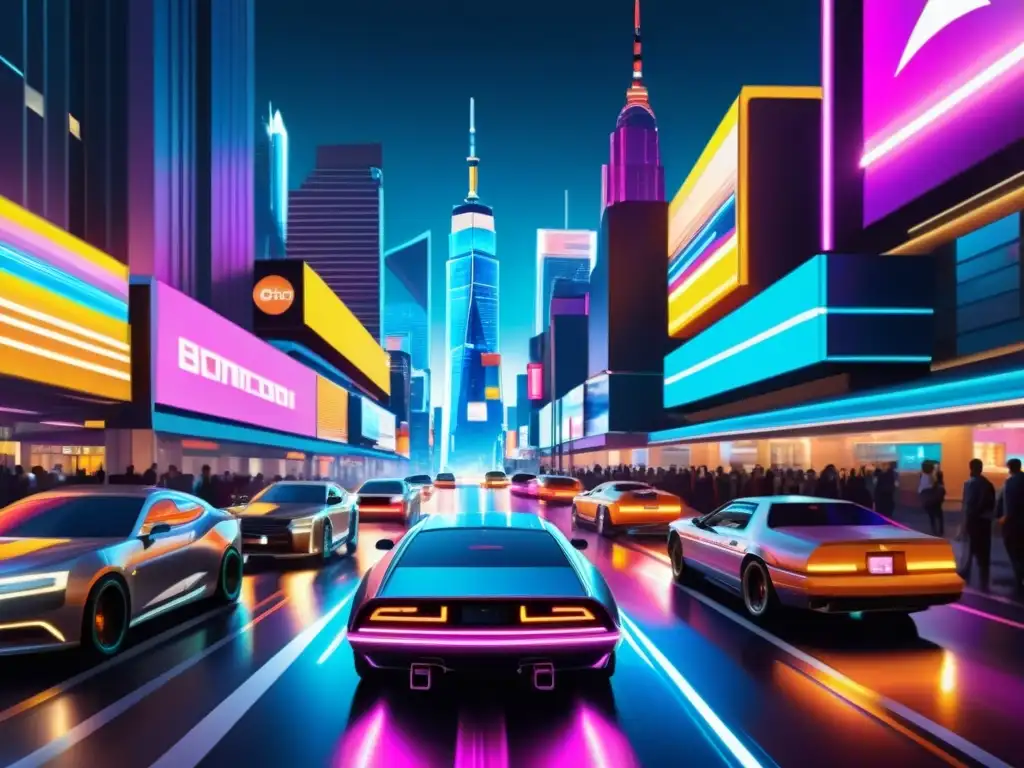 Arte digital generado por inteligencia artificial: impresionante paisaje urbano cyberpunk con rascacielos, luces de neón y vehículos futuristas