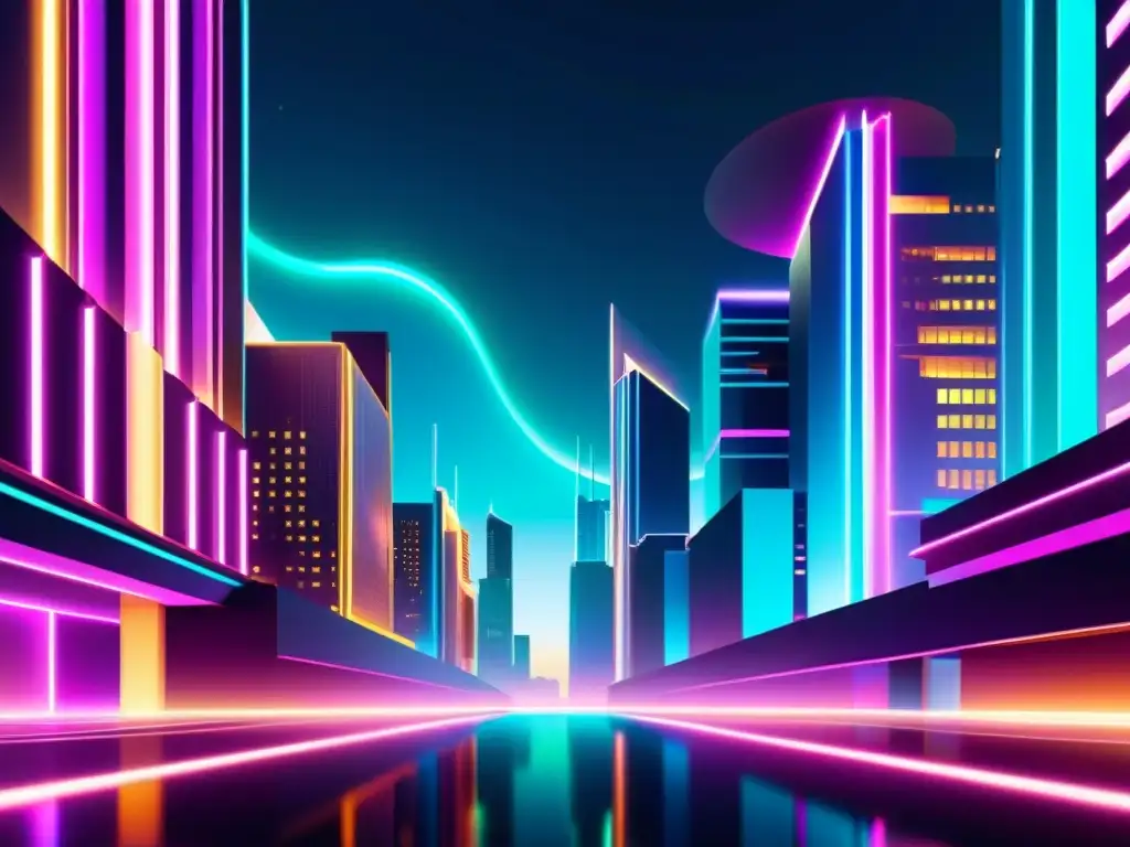 Arte digital generado por inteligencia artificial: una ciudad abstracta de noche, con luces de neón y un cielo hipnótico de colores brillantes