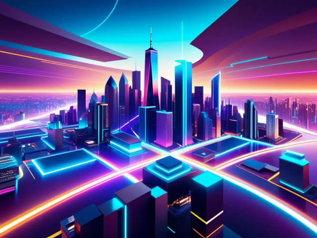 Futurista ciudad digital con luces de neón Arte generativo de una ciudad futurista con algoritmos en una era digital
