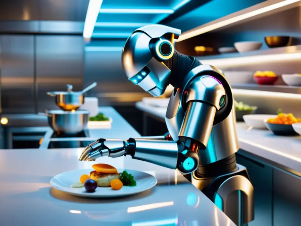 Un asistente de cocina robótico de vanguardia preparando un plato gourmet en un restaurante futurista, mostrando la integración de la inteligencia artificial en la gastronomía