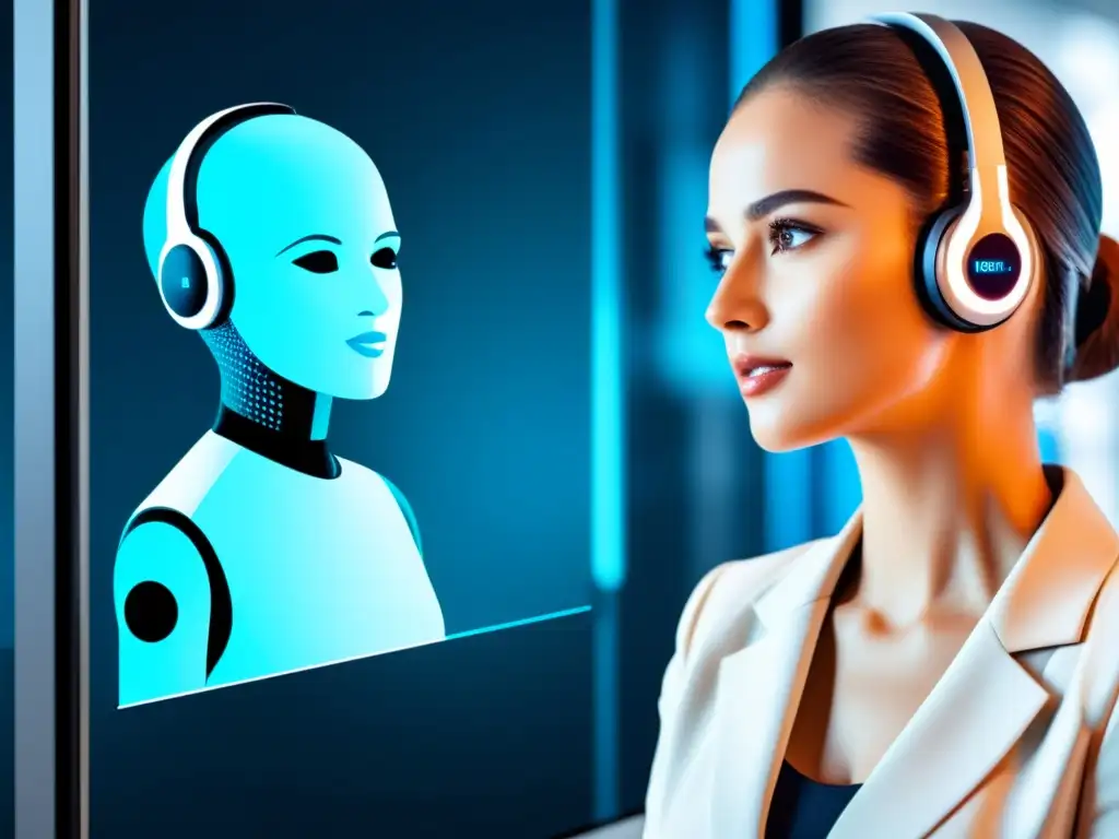 Asistente virtual moderno interactuando con cliente en interfaz digital Un asistente virtual interactúa con un cliente en una interfaz digital, mostrando el impacto de la inteligencia artificial en marketing con tecnología de vanguardia y un entorno de oficina futurista