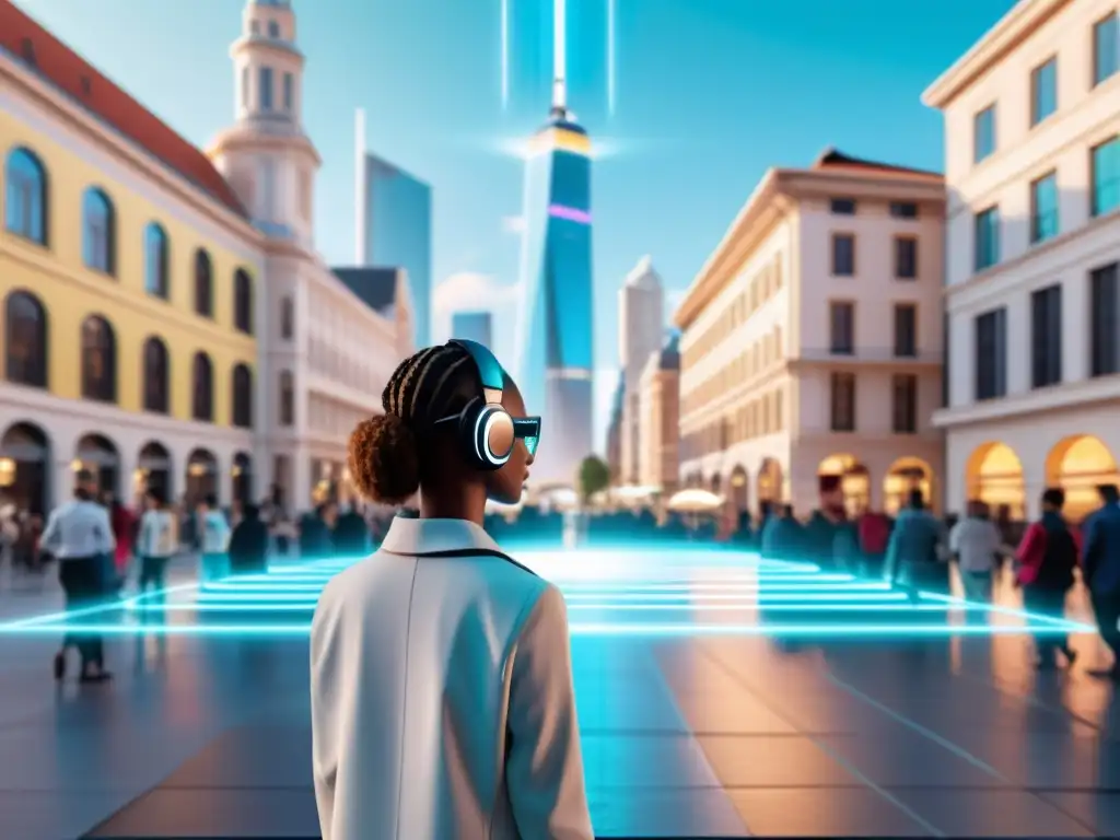 Asistente virtual proyectada como holograma interactúa en ciudad futurista, reflejando la transformación asistencia personal mediante IA