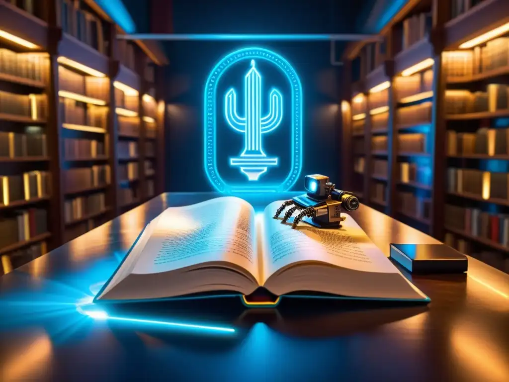 Librería futurista: fusión de IA y literatura Un asombroso enclave de IA literaria, con libros holográficos y un brazo robótico escribiendo con pluma, rodeado de código y símbolos literarios