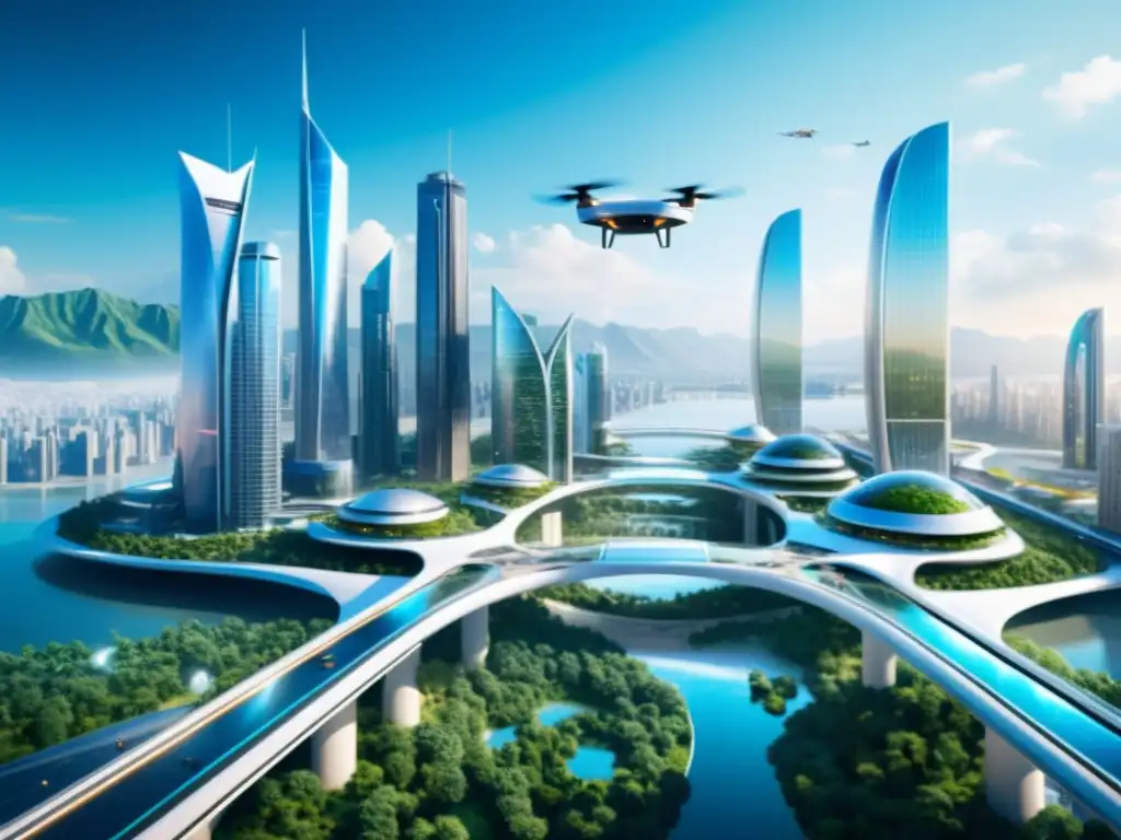 Un asombroso paisaje urbano futurista con rascacielos tecnológicos en perfecta armonía con la naturaleza