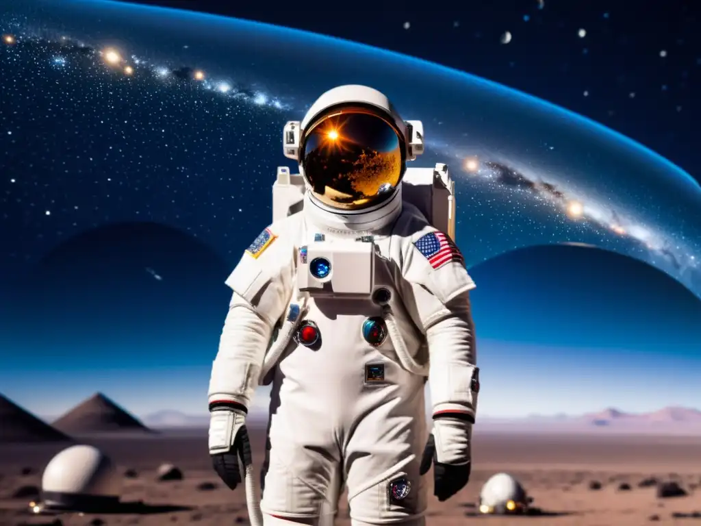 Un astronauta con traje espacial futurista rodeado de dispositivos IoT en el cosmos