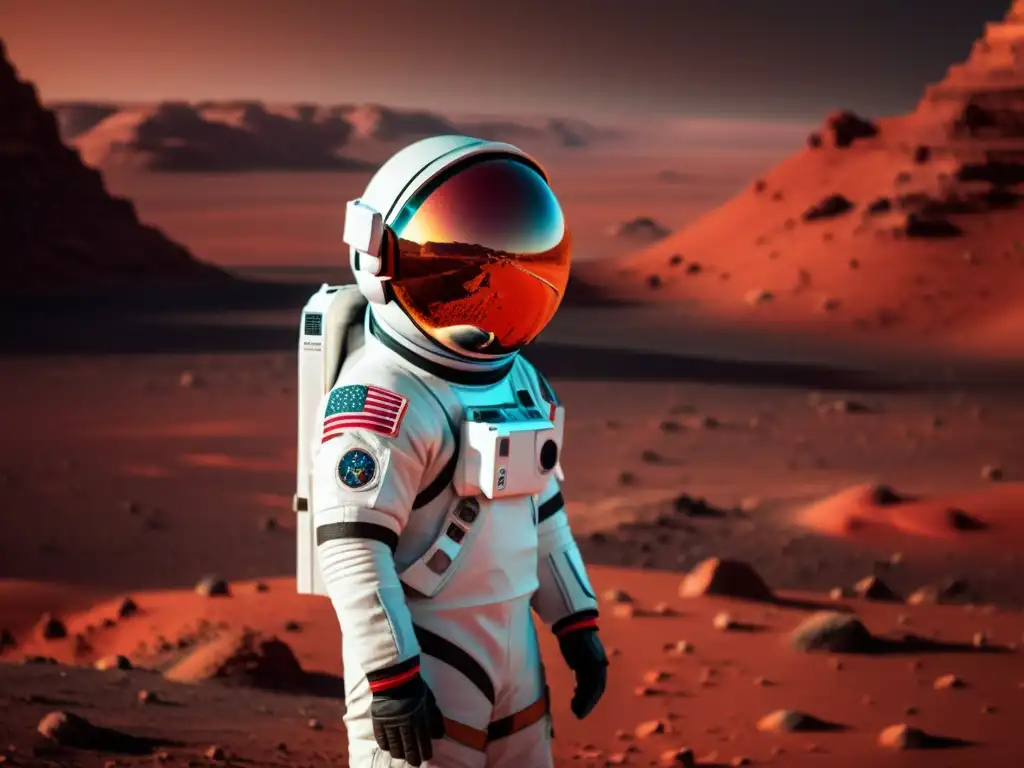 Un astronauta con traje futurista y casco de AR explora Marte, en un viaje virtual a Marte con realidad aumentada