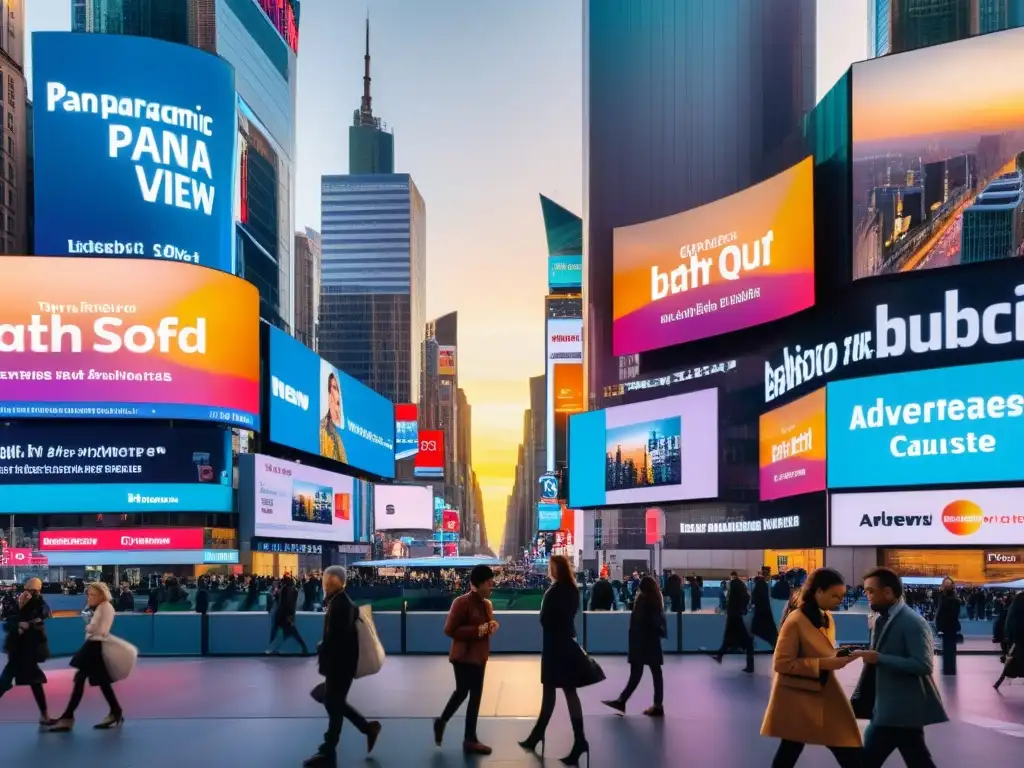 Un atardecer cálido baña una bulliciosa calle de ciudad con gente absorta en sus smartphones, rodeada de vallas publicitarias digitales