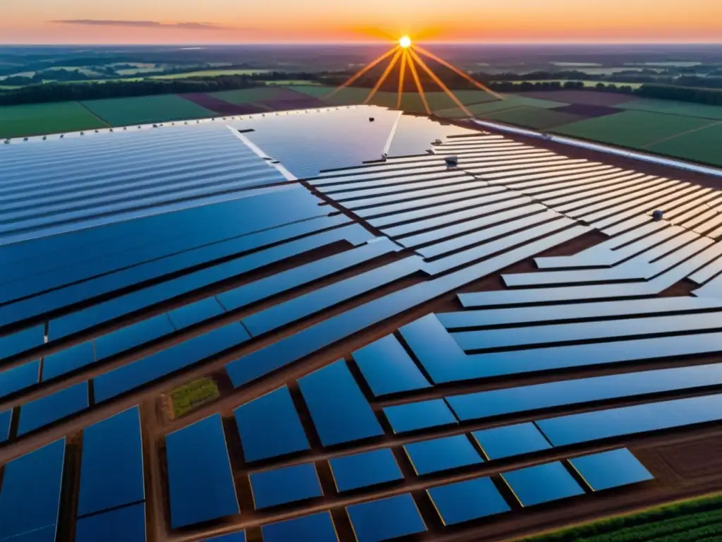 Un atardecer vibrante ilumina un futurista parque solar, con paneles modernos capturando los últimos rayos de sol