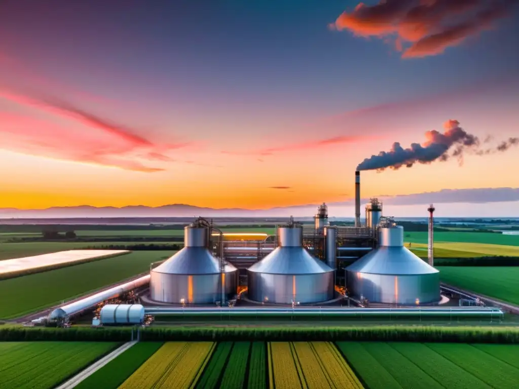 Un atardecer vibrante en una refinería de biocombustibles, rodeada de campos verdes