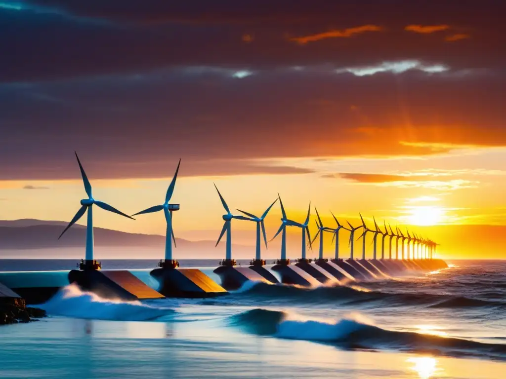 Un atardecer vibrante reflejado en un moderno parque mareomotriz, capturando el potencial económico energía mareomotriz con una imagen impactante