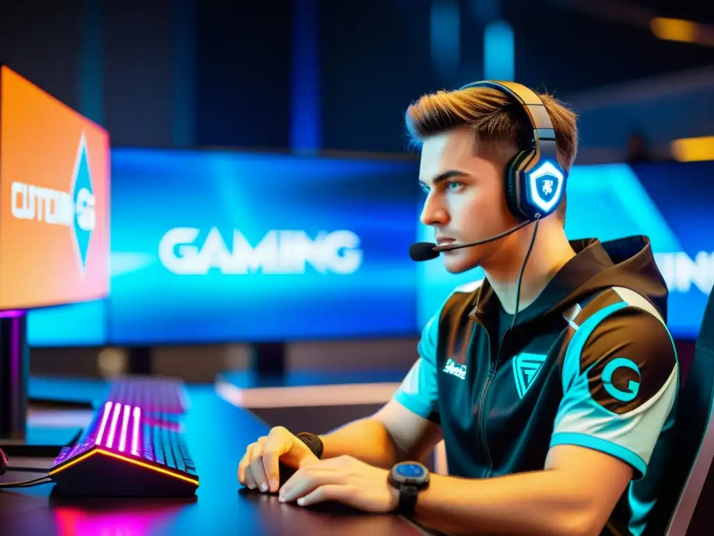 Un atleta de eSports concentrado compite en un escenario futurista, resaltando el impacto de los eSports con 5G