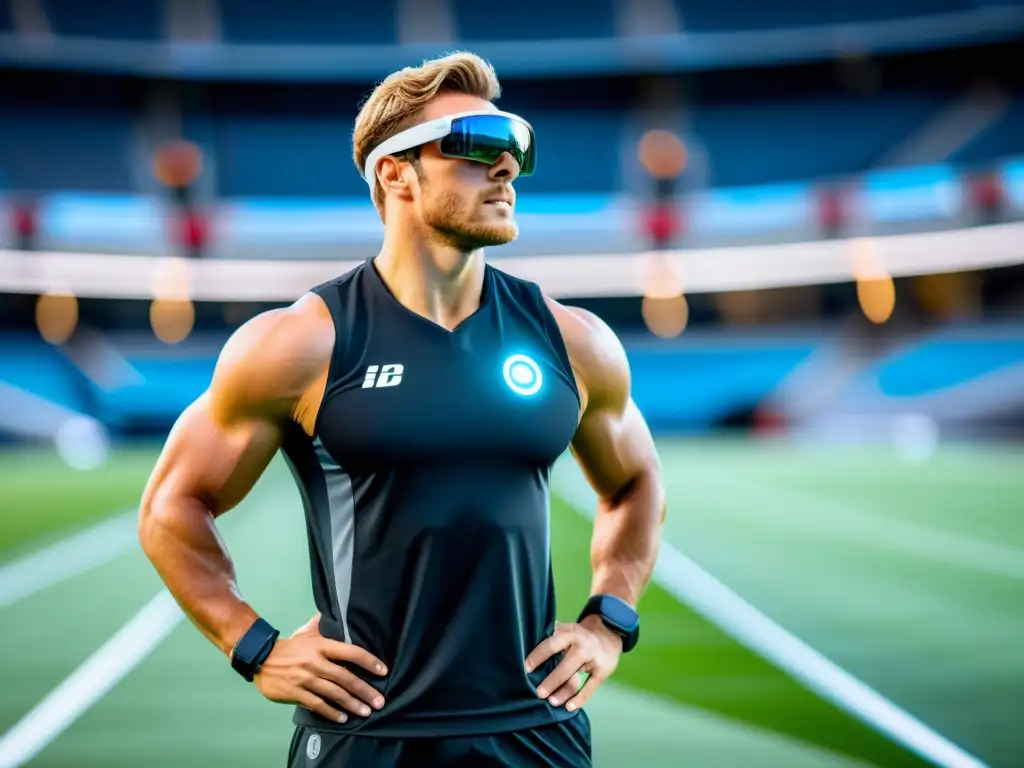 Un atleta profesional usando tecnología wearable futurista mientras entrena en un campo deportivo moderno