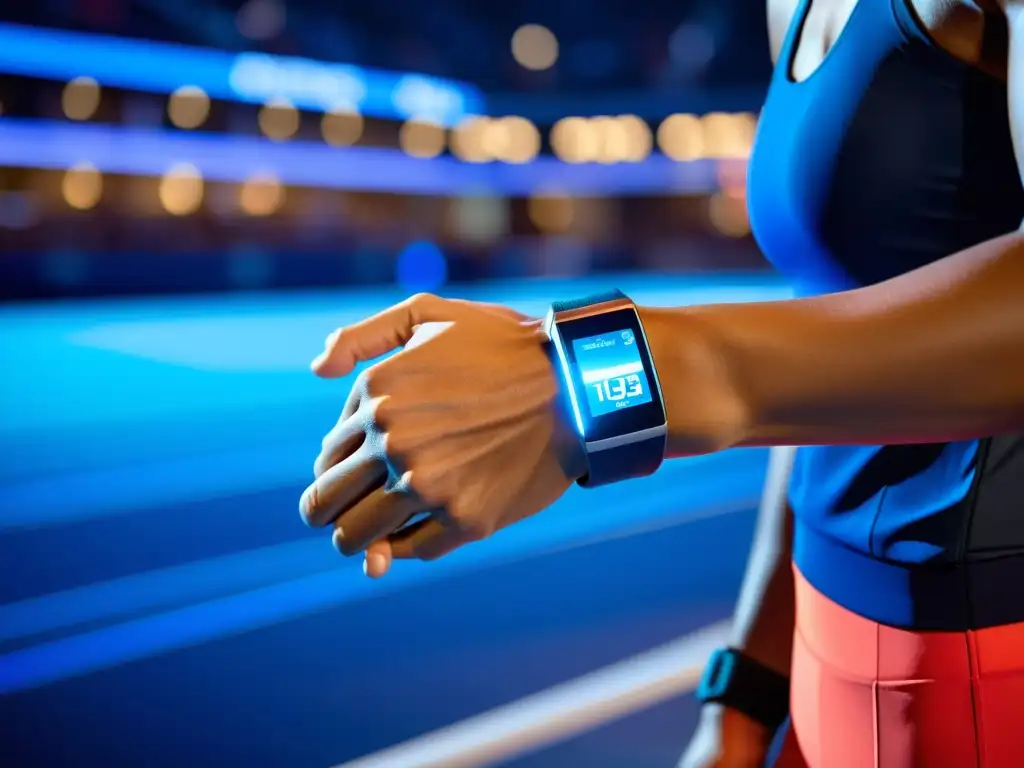 Un atleta profesional usa tecnología wearable en deportes durante un intenso entrenamiento en un escenario deportivo futurista