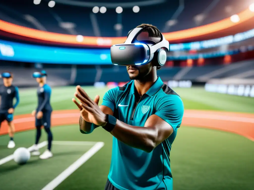 Atletas profesionales con auriculares de realidad virtual entrenando en un campo deportivo futurista