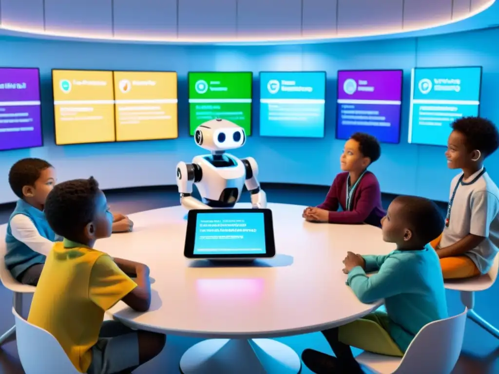 Un aula futurista llena de niños y robots participando en un animado debate, rodeados de pantallas digitales con principios éticos