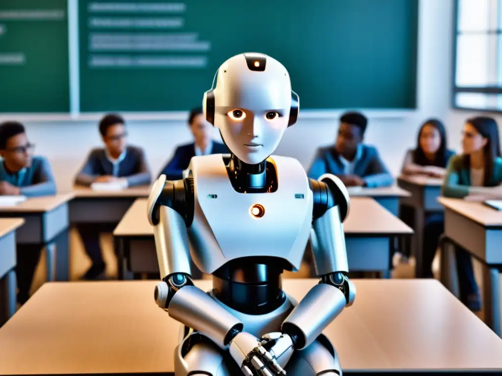 Un aula futurista con un robot humanoide y estudiantes diversos, representando la ética del aprendizaje automático